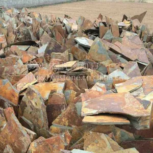 依君石材天然锈色板岩不规则铺地石 室外墙面地面石材 冰裂纹碎拼 乱形
