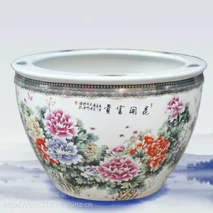 锦尚逸品 景德镇陶瓷颜色釉手工雕刻大缸养鱼金鱼书画缸花盆***缸摆件