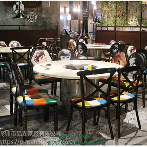 现代简约实木火锅桌子自助餐厅铁艺耐用复古多人聚会大圆桌餐桌 简约现代