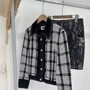 歌力思 品牌撤柜 拼接 格子 流苏 编织 休闲时尚 黑灰 牛仔外套褂子上衣