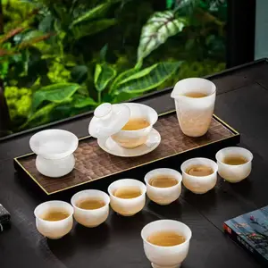 茶具陶瓷生产厂家 11头璞玉浮雕荷花品茶杯套装 公司福利礼品定制