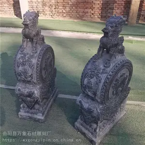 花岗岩门墩,芝麻白福字石鼓,石头抱鼓石