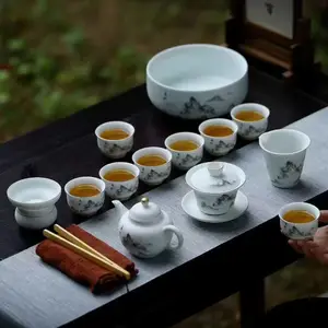 观山13头盖碗茶具套装 素烧青白瓷功夫泡茶杯 陶瓷茶具订做批发厂
