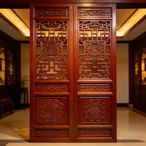 中式镂空浮雕木门 四合院庭院门 / 寺庙山门 实木花窗传统浮雕门批发