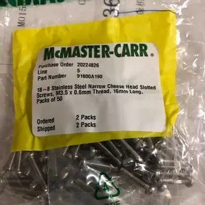 供应MCMASTER-CARR 急停按钮螺丝 91800A190、管材、软管及配件、