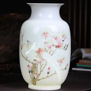 景德镇陶瓷大师手绘纯手工雕刻花瓶 陶瓷插花器新中式乔迁摆件 银行礼品