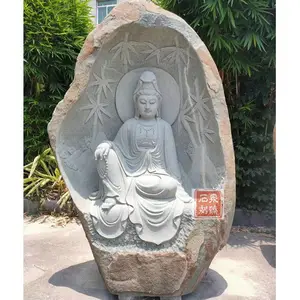 自然石刻观音 原石石雕佛像加工 自然山石观音浮雕 泉臻