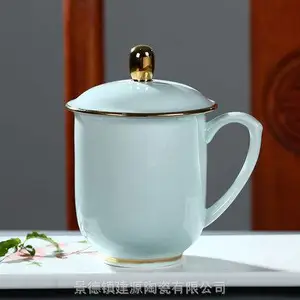 手绘青釉描金陶瓷茶杯 商务礼品喝水茶杯 礼品套装杯子批发