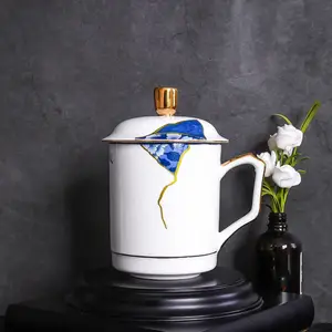 唯奥骨质瓷茶水杯 金边青花会议盖杯 定制陶瓷办公室礼品杯加logo