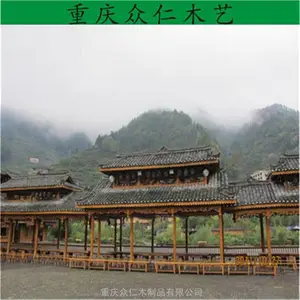 景区碳化木古风长廊 公园扇形防腐木长廊 小青瓦屋面长廊施工安装 众仁木艺