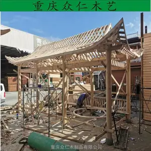 公园传统木结构长廊 防腐木园林建筑长廊 碳化木茅草长廊施工安装 众仁木艺