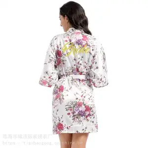 厂家直销 烫金葱粉Bride开衫短袍 女士仿真丝薄款水仙花新娘晨袍
