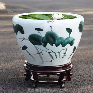 富贵有鱼陶瓷缸批发 手绘陶瓷鱼缸睡莲缸 景德镇小鱼缸厂