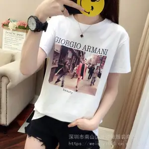 2019***新款女装宽松大版磨毛白色高清印花短袖T恤地摊夜市货源