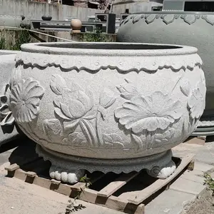 整石雕刻圆形荷花水缸 仿古石雕鱼缸 青石做旧石花盆