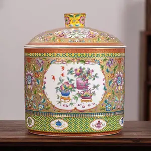 珐琅彩茶叶缸 陶瓷大号带盖普洱白茶饼罐子 七子饼装家用坛子