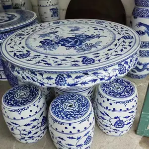 陶瓷桌凳 青花手绘荷花游鱼花面桌面 阳台花园喝茶桌子套装
