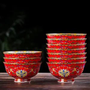 红色珐琅彩骨瓷寿碗礼品 4.5英寸5英寸6英寸陶瓷珐琅彩金边碗礼品