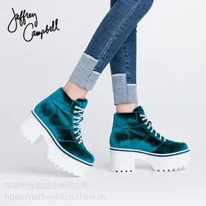 Jeffrey Campbell蓝色绒面系带厚底高跟防水台短靴女2018秋冬新品