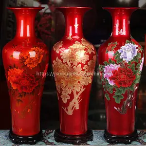 客厅装饰花瓶批发 牡丹红色落地大花瓶图片 景德镇陶瓷大花瓶厂