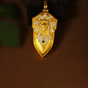 足金999古法盾牌镶嵌吊坠