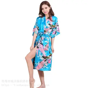 印花孔雀睡袍女士夏季长款开衫袍薄款仿真丝绸日本和服袍睡袍浴袍
