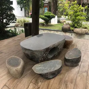 室外田园天然鹅卵石桌石凳庭院花园花岗岩家用中式石头桌子户外
