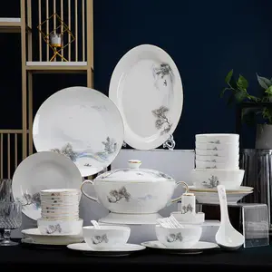 企业庆典来图定做陶瓷餐具礼品套装 高温山水画餐具 居家节日待客陶瓷碗盘