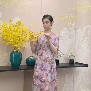 深 圳南油女装 喜凤斋真丝连衣裙 手工钉珠工艺 大码碎花连衣裙