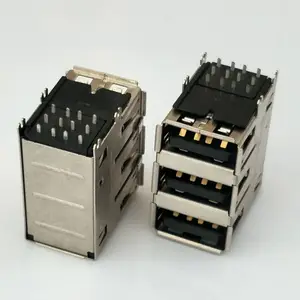 A母 USB 2.0三层母座 12P 四脚插板 90度DIP 卷边 双层 铜壳 黑胶
