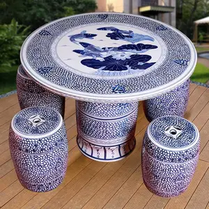体闲户外花园陶瓷圆桌 景德镇手绘荷花桌子套装 阳台瓷器桌椅子