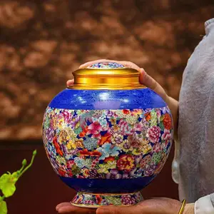 装茶的陶瓷罐子 珐琅彩密封储物罐 一斤装大号锡盖梅瓶存茶罐子