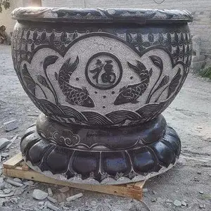 青石石雕花盆庭院别墅石头鱼缸汉白玉中式仿古莲花纹水缸狮子头