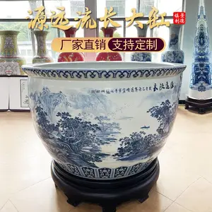 景德镇陶瓷重工手绘青花山水庭院大缸门海摆件睡莲碗莲