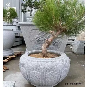 寺院圆形莲花石雕花盆 种树石材花坛 禅意水钵 园林景观