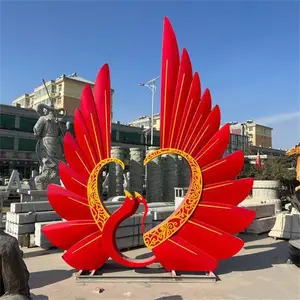 凤凰不锈钢雕塑定制 抽象动物红色景观摆件 永景