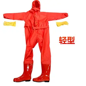 识坚红色尼龙涂履PVC化学防护服一体式半封闭式防化服工作服