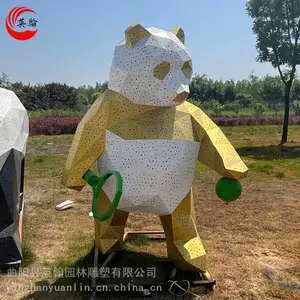 不锈钢熊猫雕塑 会发光 户外广场彩绘卡通几何抽象铁艺熊猫动物摆件
