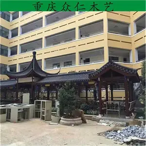 景区碳化木古风长廊 公园扇形防腐木长廊 小青瓦屋面长廊施工安装 众仁木艺