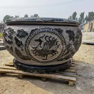 石雕鱼缸花盆荷花水缸庭院别墅室外石头水缸青石荷花盆圆形养鱼缸