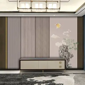 新中式金色建筑阁楼背景墙壁纸饭店会所包间壁画茶室书房硬包墙布