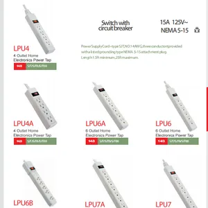 UL认证 NEMA5-15P 15A 125V SJT 14AWG*3C 带开关拖线板,插座