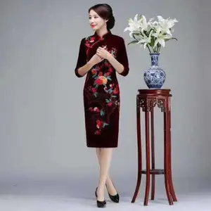 精致复古国风【秀旗缘】秋冬旗袍 整片刺绣手工钉珠 广州品牌折扣店 清仓撤柜女装批发货源