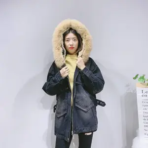 广州大码女装批发商城 新款狐狸毛领加绒牛仔尾货外套货源 品牌折扣女装拿货市场