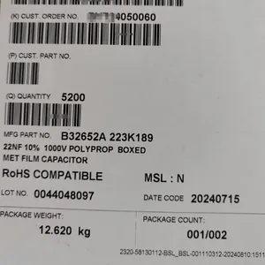薄膜电容B32652A0223k189 0.022uF 1KV 10% SP=15 别名B32652A223k189