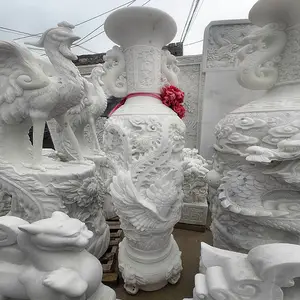 石雕花瓶汉白玉龙凤呈祥石瓶立体深雕龙凤景观装饰花瓶摆件