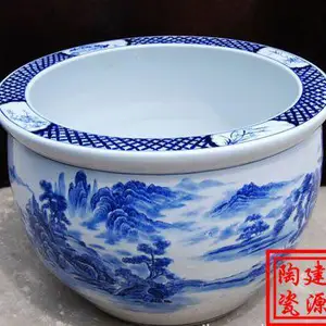 景德镇陶瓷鱼缸 口径50cm青花养金鱼缸睡碗莲盆荷花缸乌龟缸盆客厅摆件