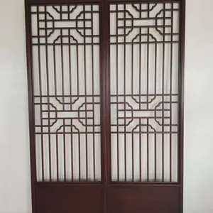 中式双扇格栅实木花窗_茶楼中式实木隔断_书房落地罩实木玄关装饰