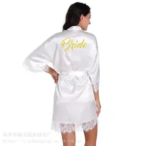 新款 女士烫金Bride开衫花边睡袍浴袍 仿真丝蕾丝新娘化妆晨袍