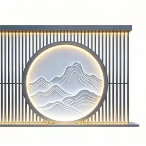 欧 典 龙 - 定制山水浮雕铝格栅景墙｜庭院月洞门对景屏风｜户外发光隔断